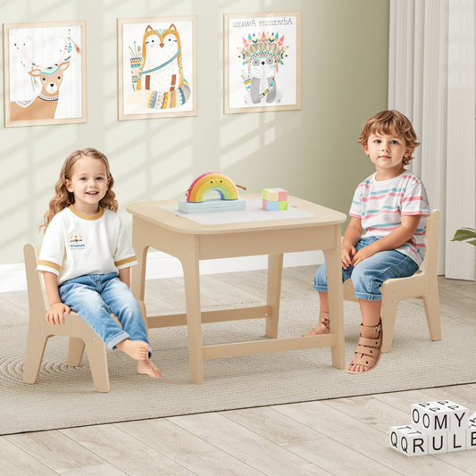 Kids Table and Chairs Set with Double-Sided Tabletop and Hidden Storage-Walnut