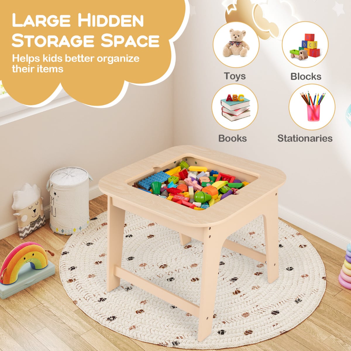 Kids Table and Chairs Set with Double-Sided Tabletop and Hidden Storage-Walnut