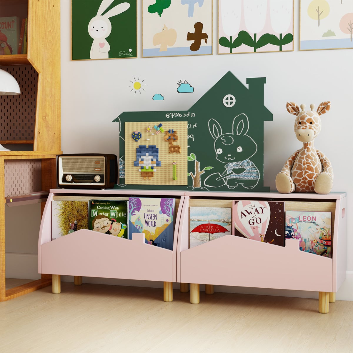 Multifunctional Kids Toy Box with Safety Hinge for Playroom-Pink