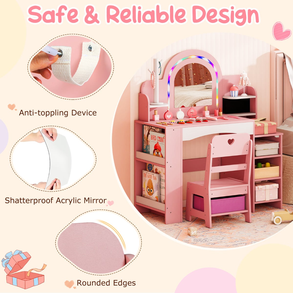 Kids Vanity Desk with Mirror and Open Storage Shelves-Pink