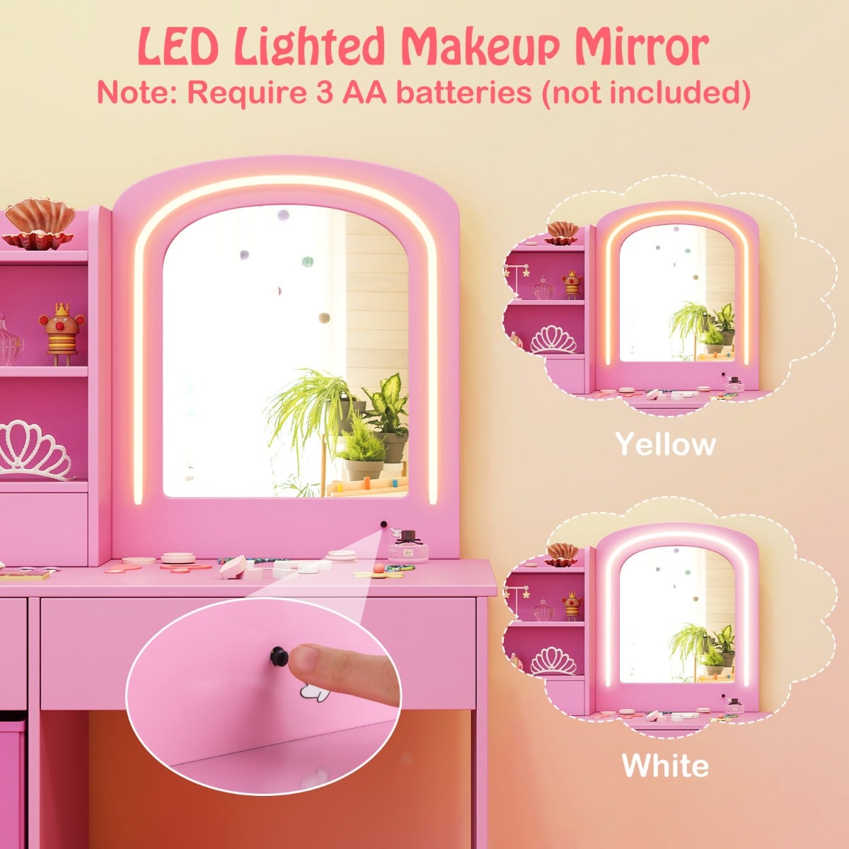 Kids Vanity Set with Lighted Mirror and Storage Drawers-Pink
