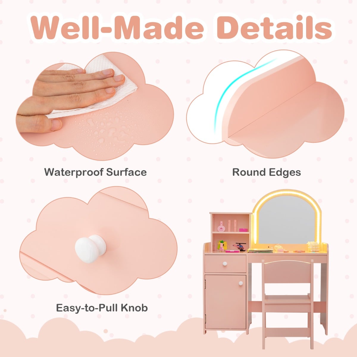 Kids Vanity Table and Chair Set with Shelves Drawer and Cabinet-Light Pink