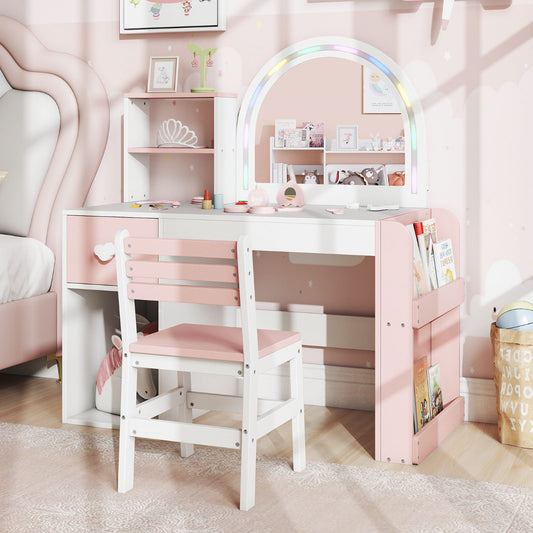 Kids Vanity Table and Chair Set with Lighted Mirror Open Storage Shelves-Pink & White