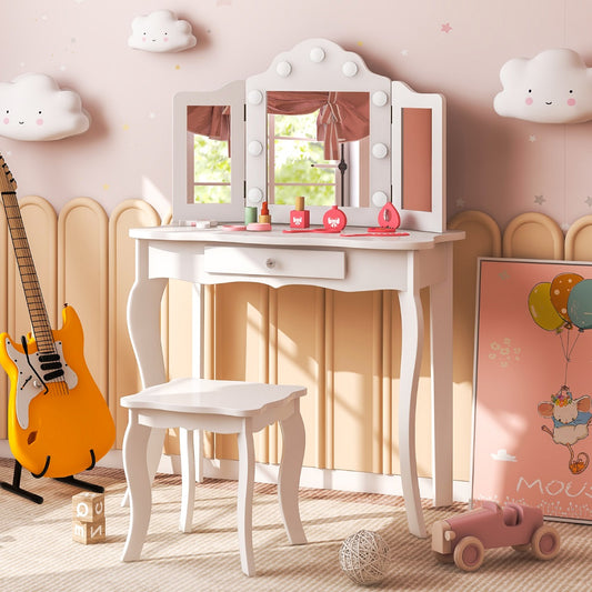 Kids Vanity Table and Stool Set with Real Glass Tri-Folding Mirror and Drawer-White