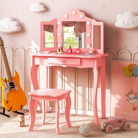 Kids Vanity Table and Stool Set with Real Glass Tri-Folding Mirror and Drawer-Pink