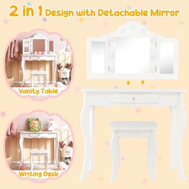 Kids Vanity Table and Stool Set with Real Glass Tri-Folding Mirror and Drawer-White