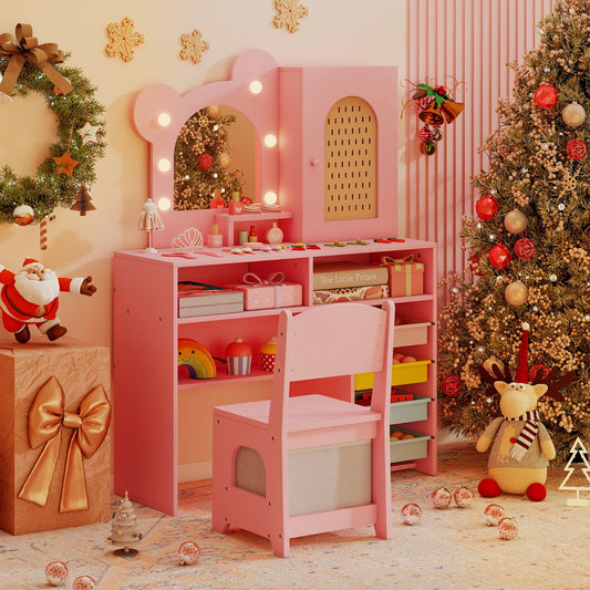 Kids Vanity with Lights Princess Vanity Table and Chair Set with 5 Drawers and 2 Compartments-Pink