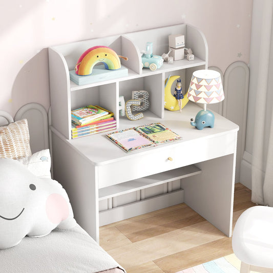 Kids Wooden Study Desk with Drawer and Storage Shelf-White