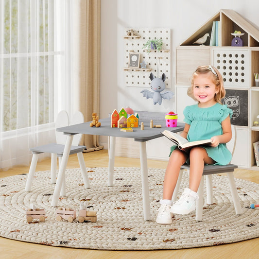 Kids Wooden Table and Rabbit Chairs Set with Space-Saving Structure-Grey