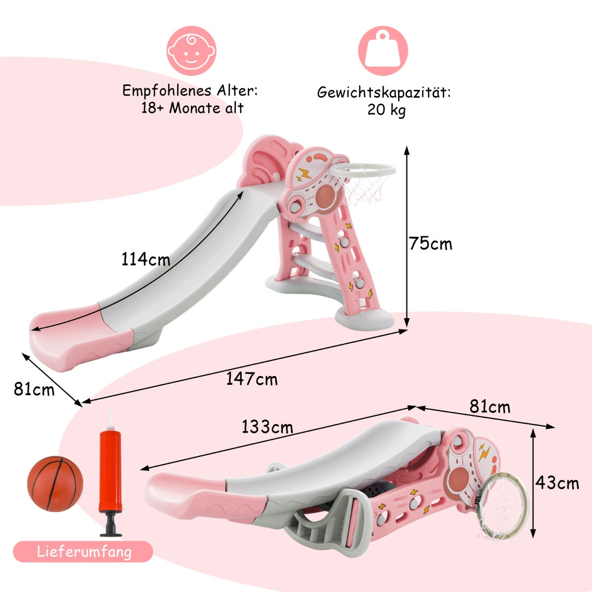 3-in-1 Indoor Slide with Basketball Hoop & Small Basketball for Kids-Pink