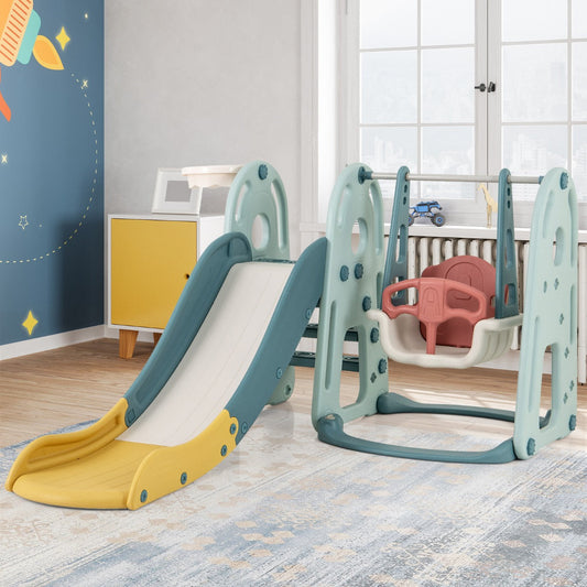 4-in-1 Kids Slide and Swing Set Freestanding Baby Slide Playset-Green