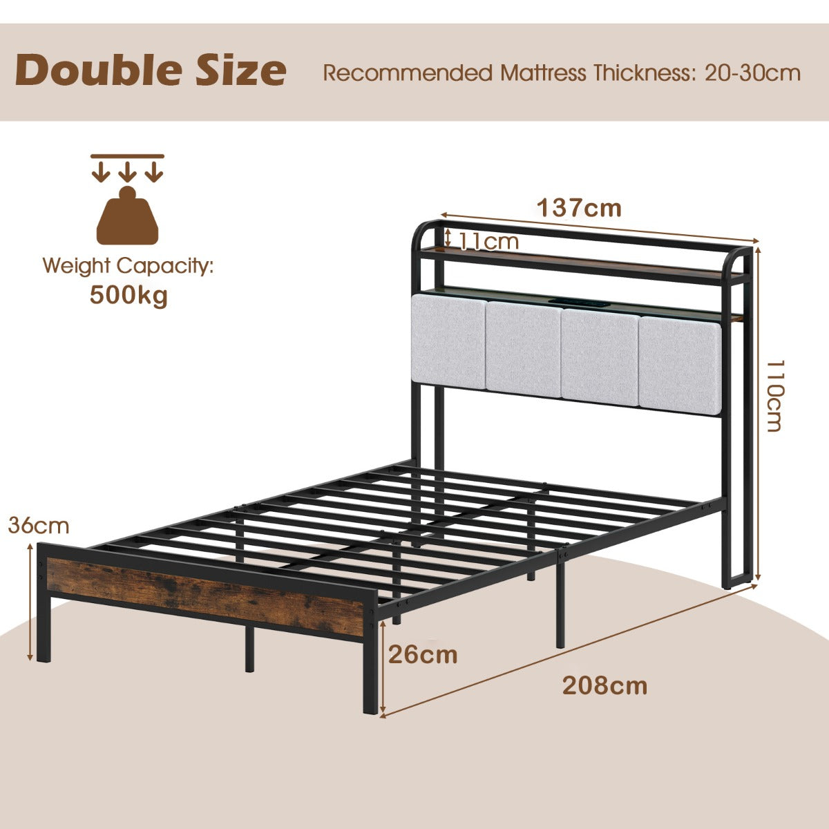 King Size Bed Frame with LED Light and Charging Station-Double Size