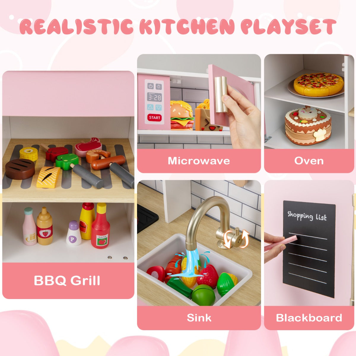 Kitchen Playset for Kids with Realistic Lights and Sounds-Pink