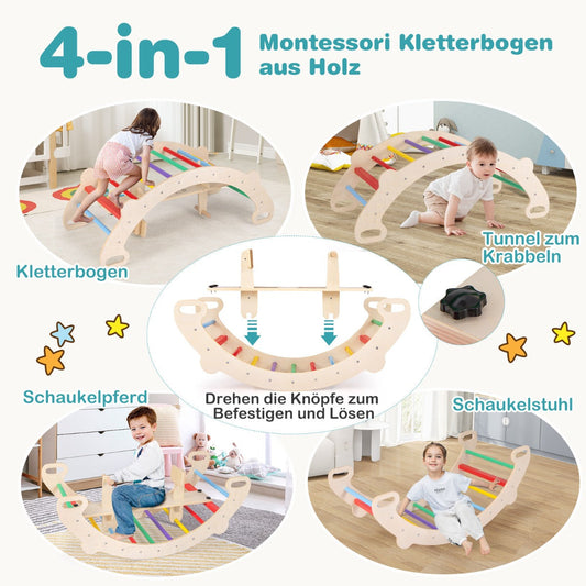 4-in-1 Wooden Climbing Toys for Toddler Rocking Horse Arch with Backrest-Multicolor