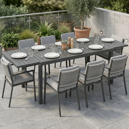 Outsunny Extending Garden Table for 6-8 People, Full Aluminium Outdoor Dining Table with Slatted Top, Dark Grey