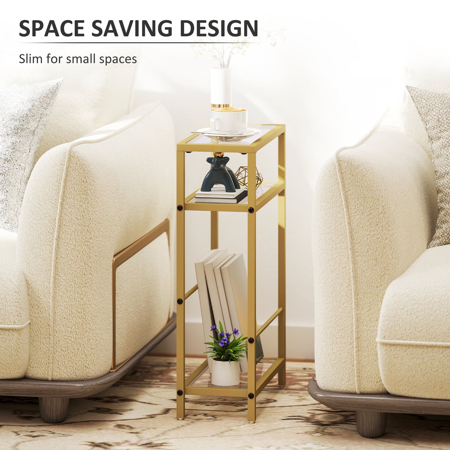 HOMCOM 3-Tier Side Table, Narrow End Table with Storage Shelf and Tempered Glass Tabletop for Small Spaces, Bedroom, Living Room, Entryway, Gold Tone