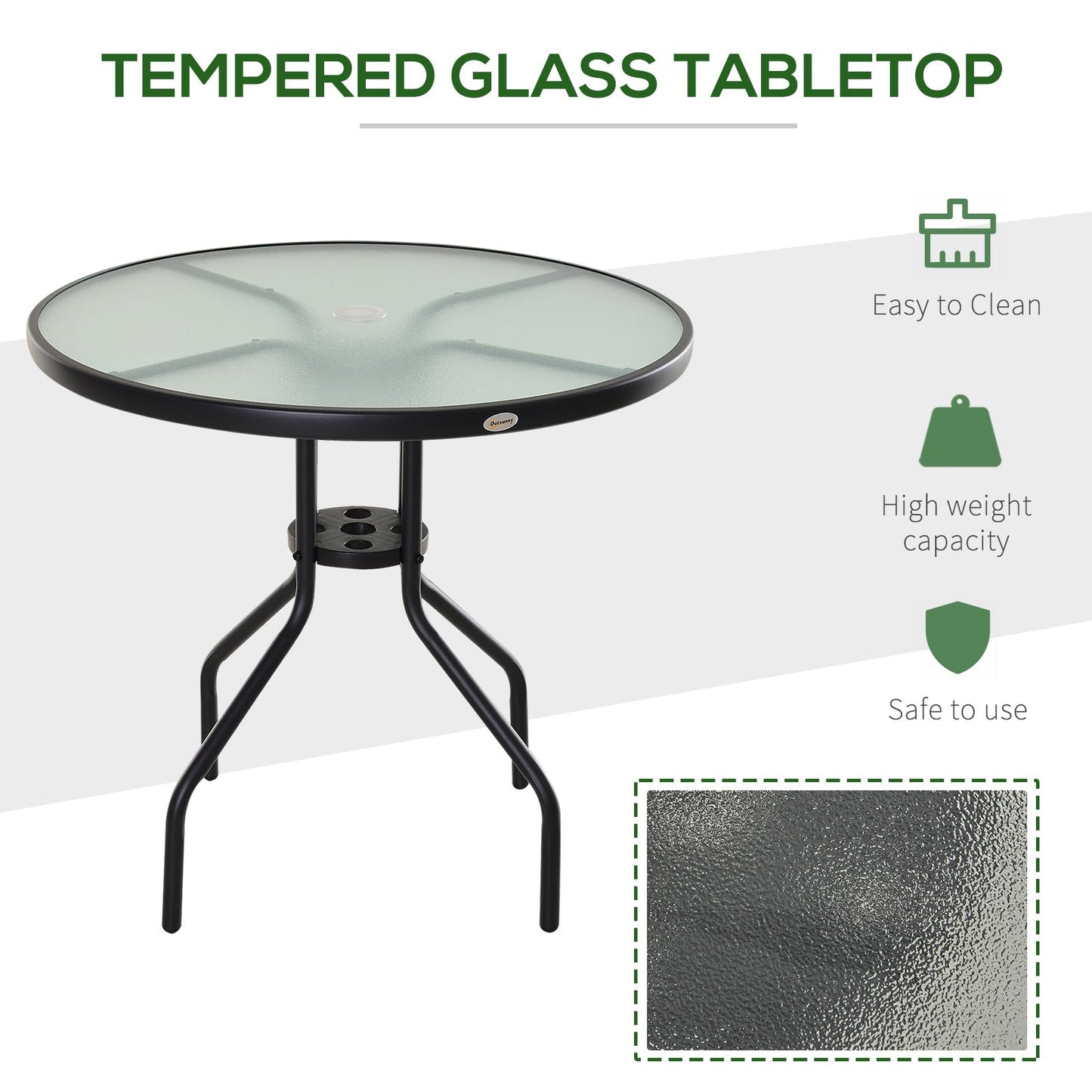 Outsunny 80 cm Round Garden Dining Table with Parasol Hole for 4, Outdoor Coffee Bistro End Side Table with Tempered Glass Top and Steel Frame for Patio, Porch, Black