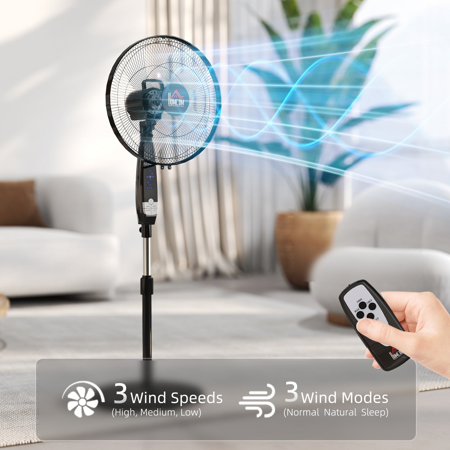 HOMCOM 16" Pedestal Standing Floor Fan, Oscillation Cooling Fan with Remote Control, Black