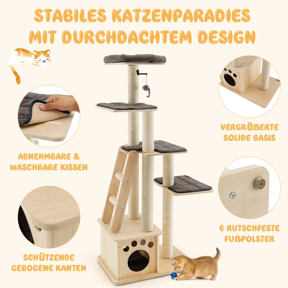 Modern wooden scratching post with cat house & toy ball & ramp 70 x 50 x 169 cm beige