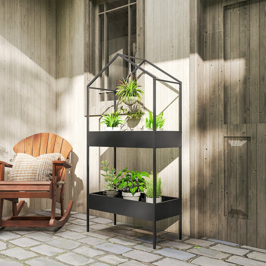 Outsunny 2 Tier Plant Stand, Outdoor Indoor Metal Plant Stand with Hook, House-Shaped Pots Holder Display Rack, Black