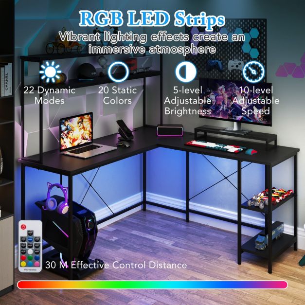 L-Shaped Gaming Desk with LED Strip and Power Outlets-Black
