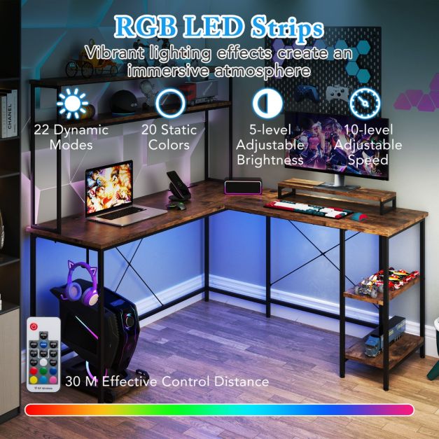 L-Shaped Gaming Desk with LED Strip and Power Outlets-Rustic Brown