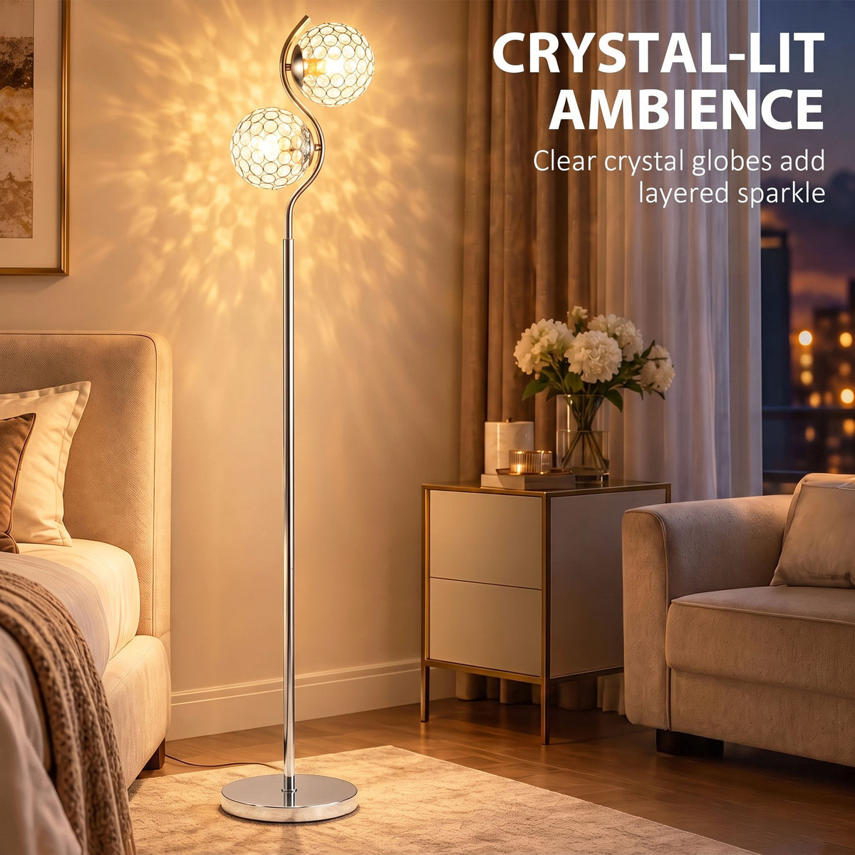 HOMCOM Floor Lamp with Crystal Globe Shades, Modern Dual Head Standing Lamp with Foot Switch and Weighted Base, Silver