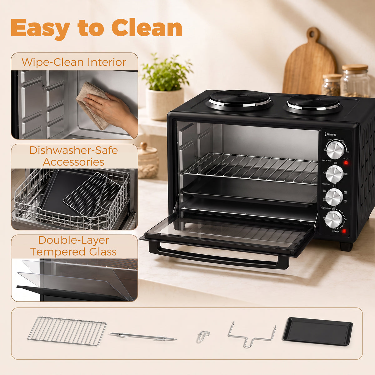 HOMCOM 46L Mini Oven with Dual Hot Plates, Electric Countertop Cooker with Convection, 90-230°C Adjustable Temperature