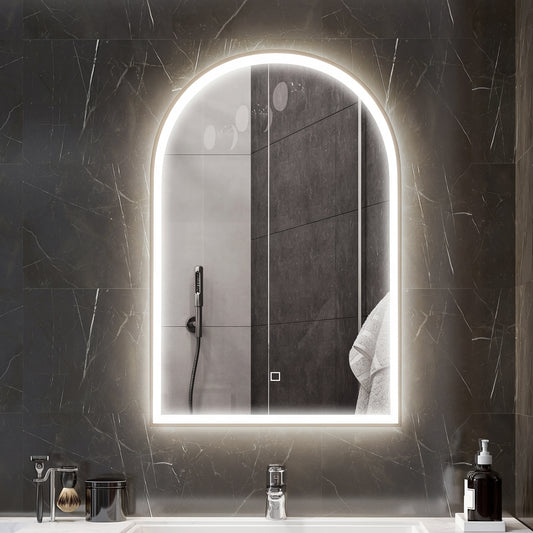 HOMCOM 90 x 60 cm Bathroom Mirror with LED Lights, Anti-Fog Arched Vanity Mirror with 3 Colour Dimmable, Gold Tone
