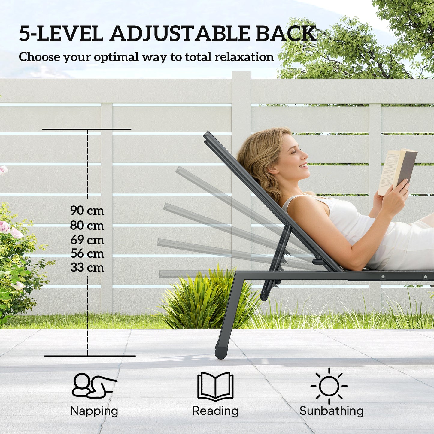 Outsunny Sun Loungers Set of 2 with Side Tray Table, Garden Recliners with 5-Position Adjustable Backrest, 2 Wheels, Grey