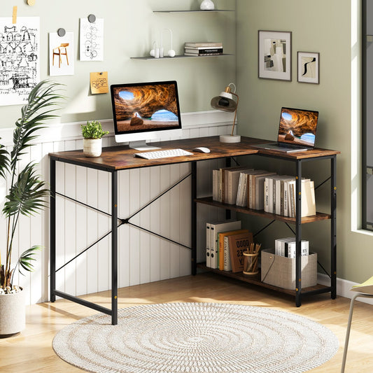 L-shaped Computer Desk Reversible Corner Desk with Adjustable Shelf-Rustic Brown