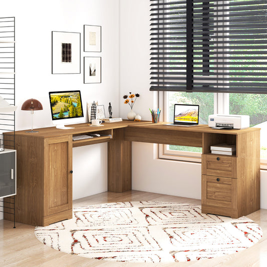 L-shaped Computer Desk with Power Outlets and 2 Storage Drawers-Natural