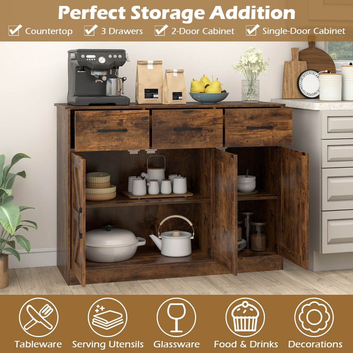 108cm Large Sideboard Storage Cabinet with Adjustable Shelves and Doors-Rustic Brown