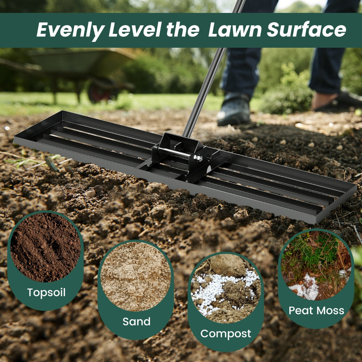 75/91/106 x 25cm Lawn Leveling Rak with Ergonomic Handle-106 x 25 cm-Black