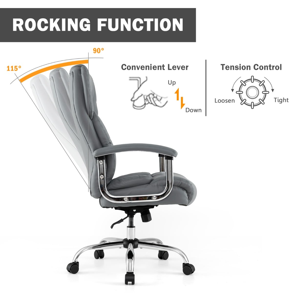 Leather Office Chair with Rocking Mode and Armrests-Grey