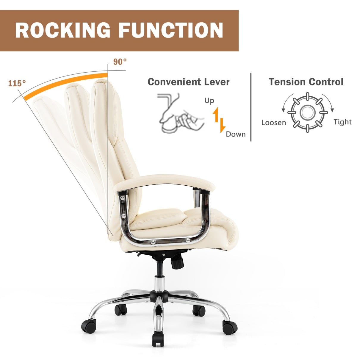 Leather Office Chair with Rocking Mode and Armrests-Beige