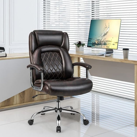 Leather Office Chair with Rocking Mode and Armrests-Brown