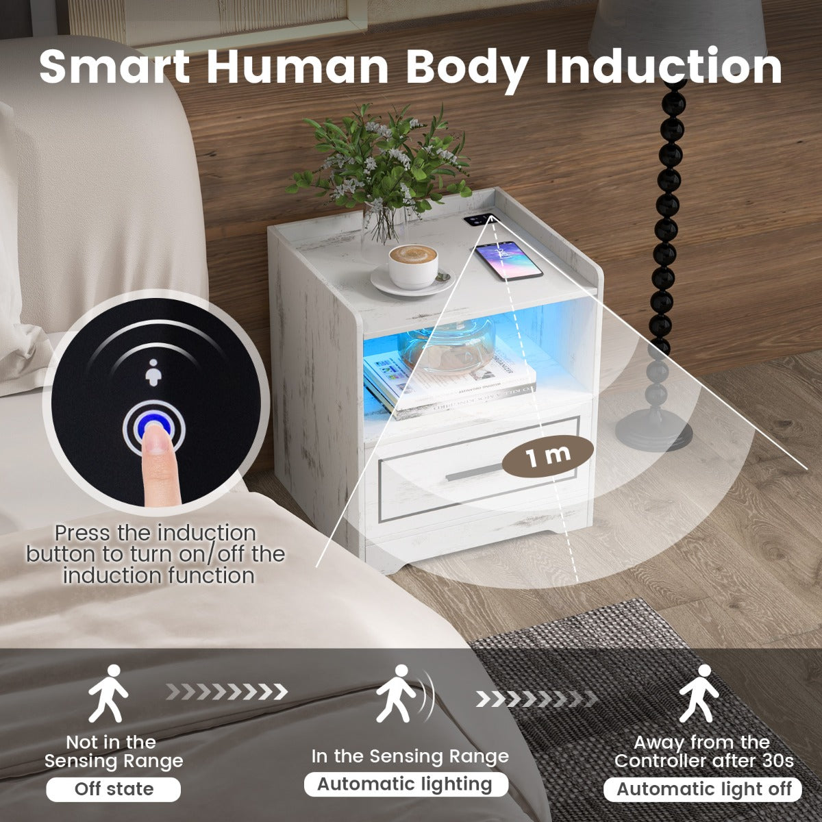 LED Nightstand with USB and Type-C Port-White
