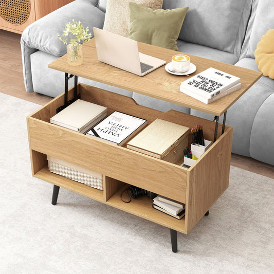 Lift Top Coffee Table with Hidden Compartment and Open Storage Shelves-Natural