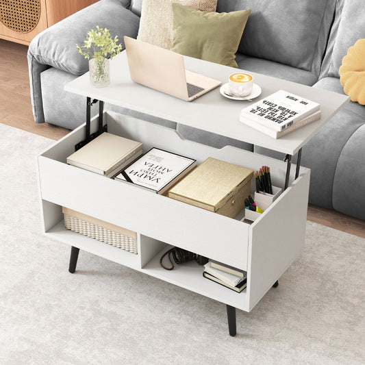 Lift Top Coffee Table with Hidden Compartment and Open Storage Shelves-White