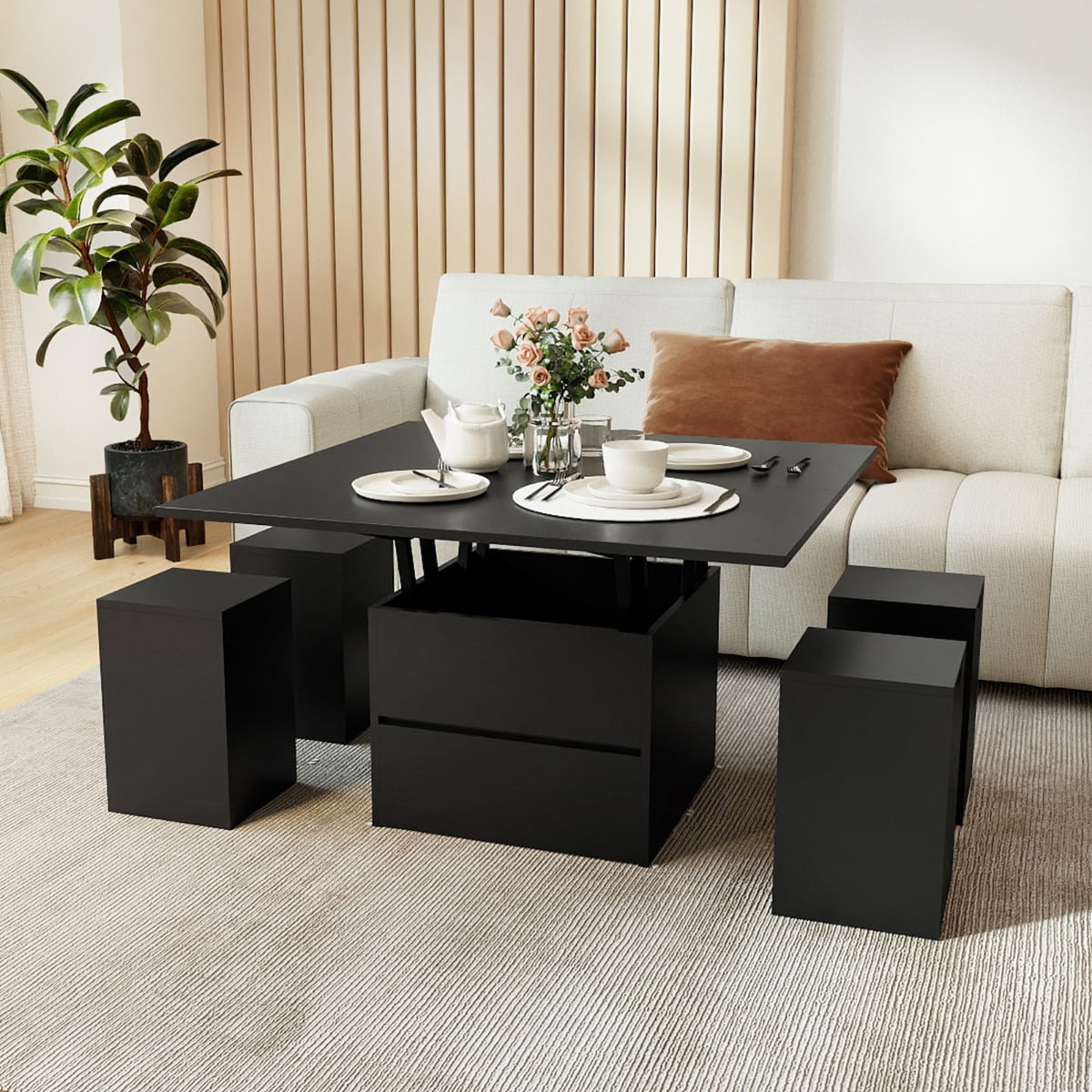 Lift Top Coffee Table with Hidden Compartment and Drawer-Black
