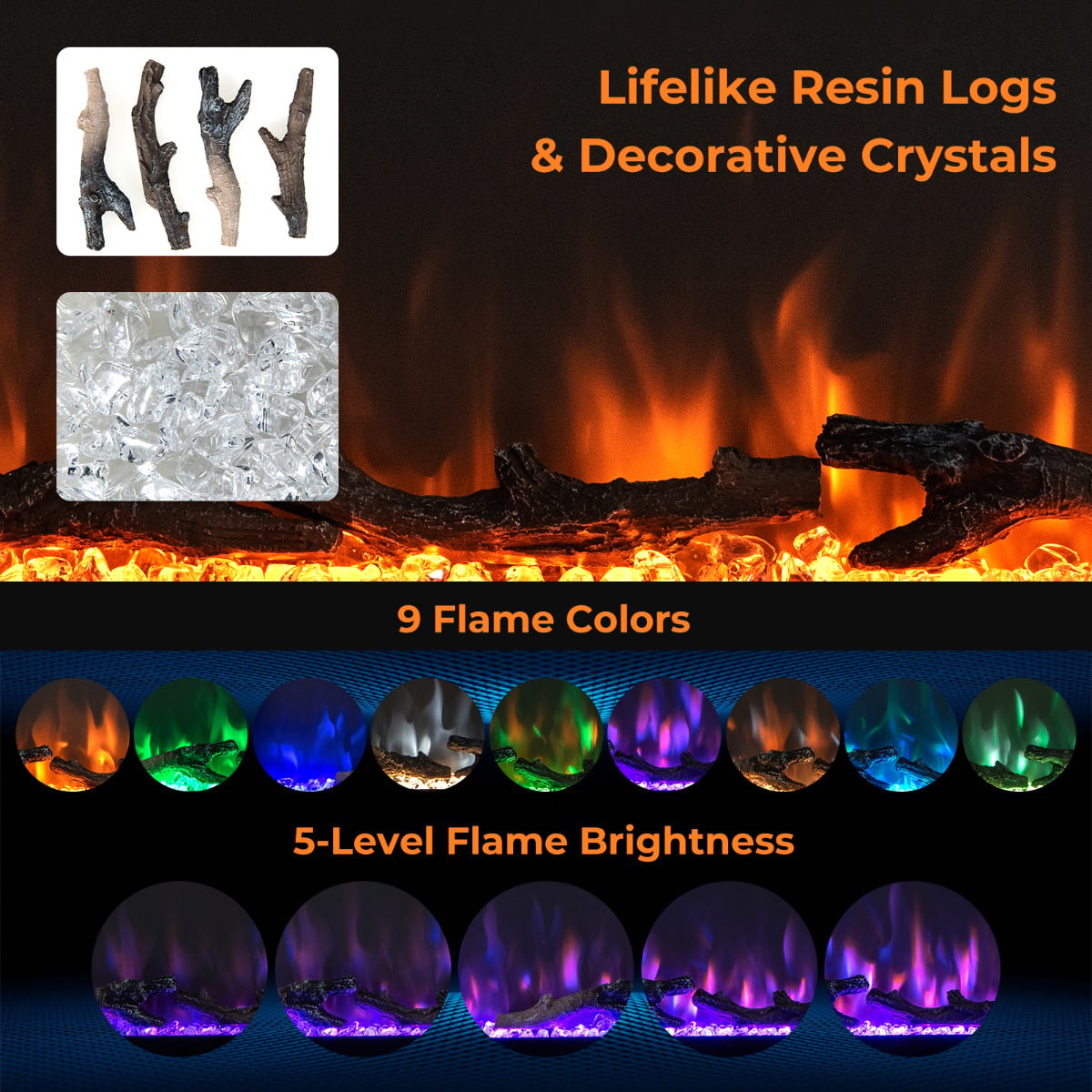 Linear Electric Fireplace with Log and Crystal Decor and Remote Contro-127 cm