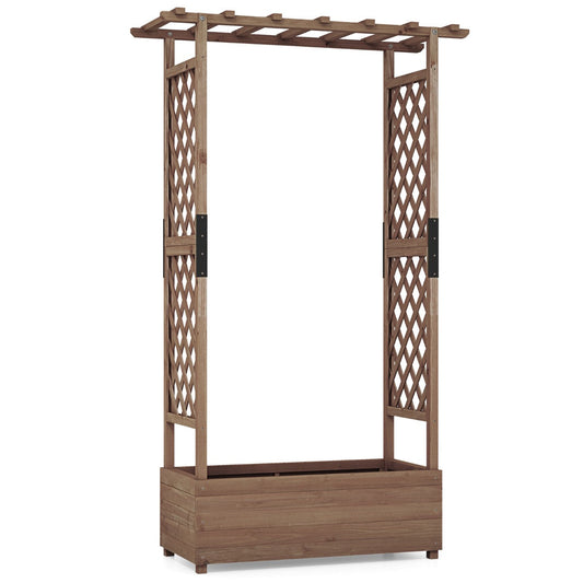 Planter with 2 Side Trellises Hanging Roof in Fir Wood with Drainage Hole Raised Garden Bed 182x110x44cm Coffee