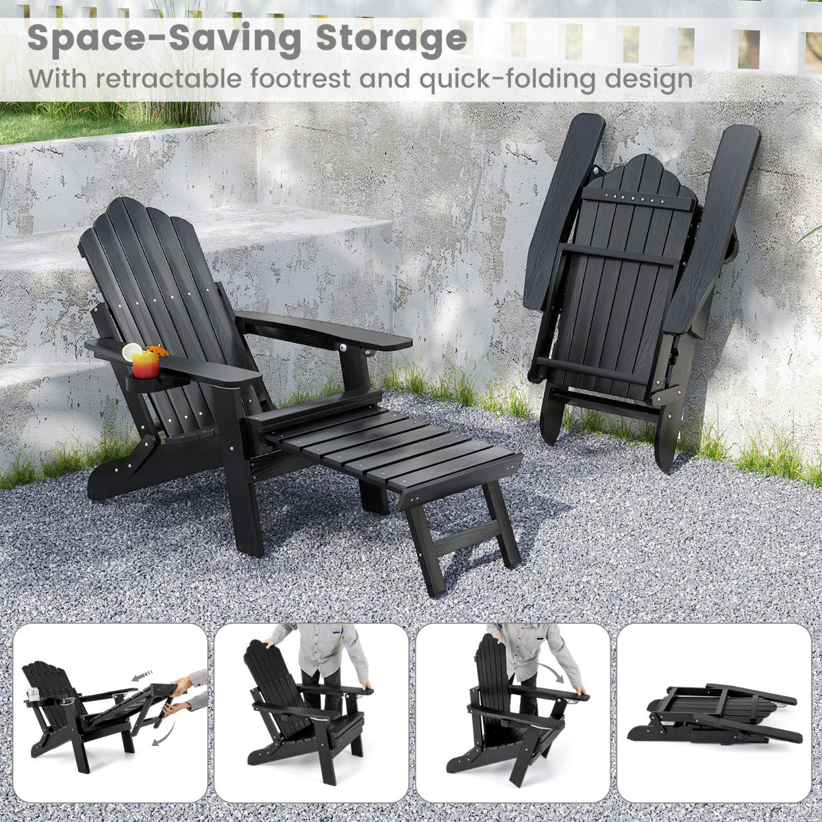 Lounge Patio Adirondack Chair Set of 2 with Retractable Footrest-Black