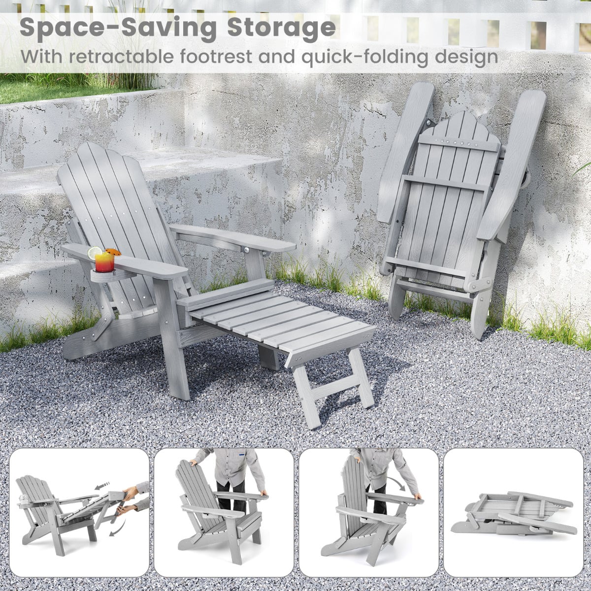 Lounge Patio Adirondack Chair Set of 2 with Retractable Footrest-Grey