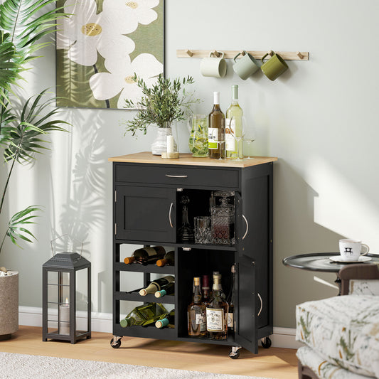HOMCOM Modern Kitchen Trolley, Rolling Island Storage Cart with Drawer, 9-bottle Wine Rack, Door Cabinets, Black