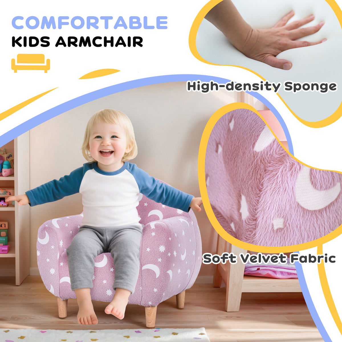 AIYAPLAY Kids Armchair, Glow in the Dark Chair with Star Design for Bedroom, Playroom, Kids Room, Pink