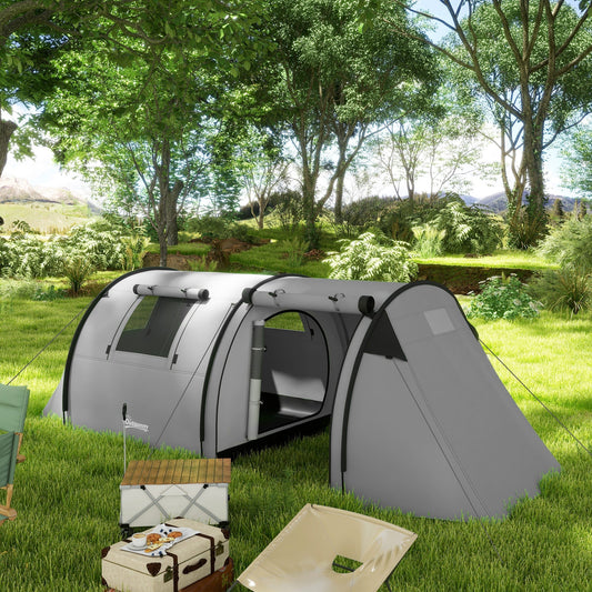 Outsunny Four Man Duo Room Tunnel Tent, with Accessories - Grey