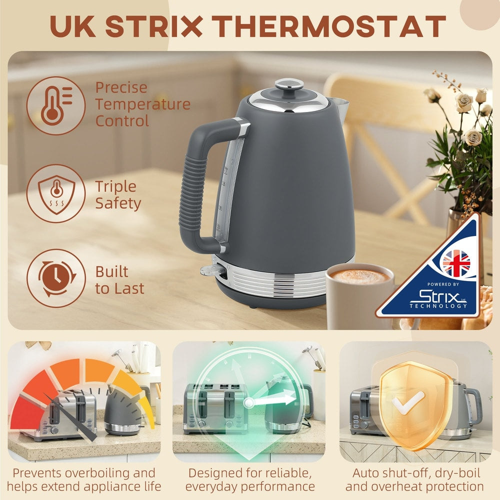 HOMCOM Stainless Steel Kettle and Toaster Set, 1.7L 3000W Rapid Boil Jug Kettle with UK Strix Thermostat, Limescale Filter, 4 Slice Toaster with 7 Browning Controls, Crumb Tray, Grey and Silver Tone