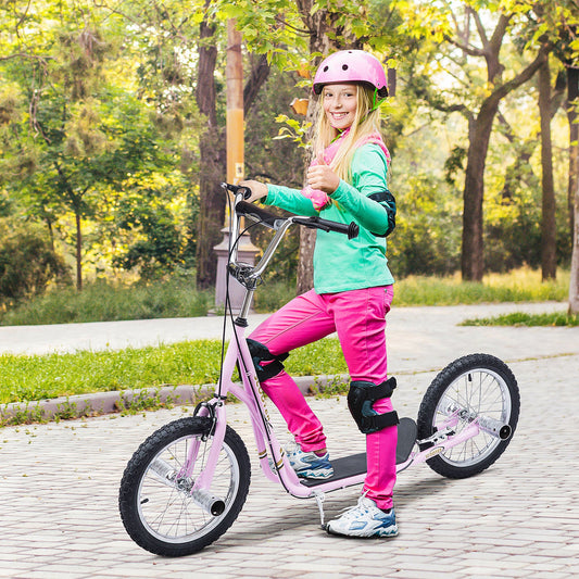 HOMCOM Stunt Scooter, Kids Scooter with 16" Big Wheels, Adjustable Height, Dual Brakes, for Ages 5+ Years, Pink